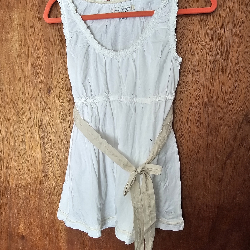 White Sleeveless Top with Tan Tie